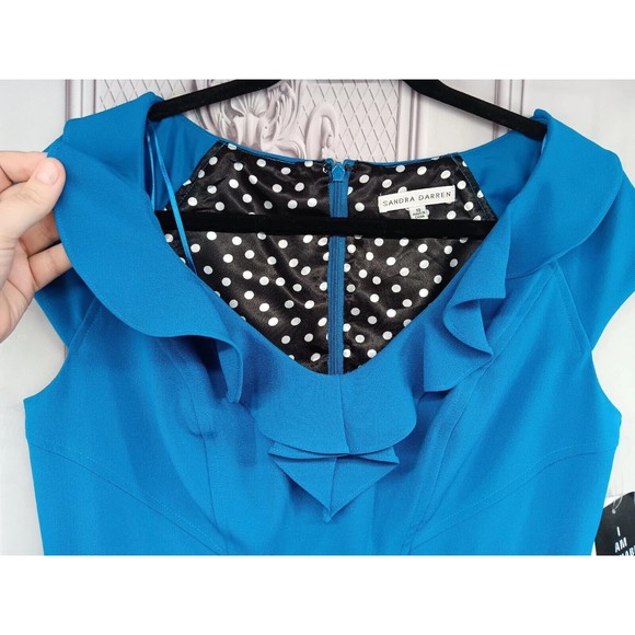 NWT Sandra Darren Dress Women's Size 10 Sheath Stretch Ruffle Neckline Blueberry - Picture 7 of 16